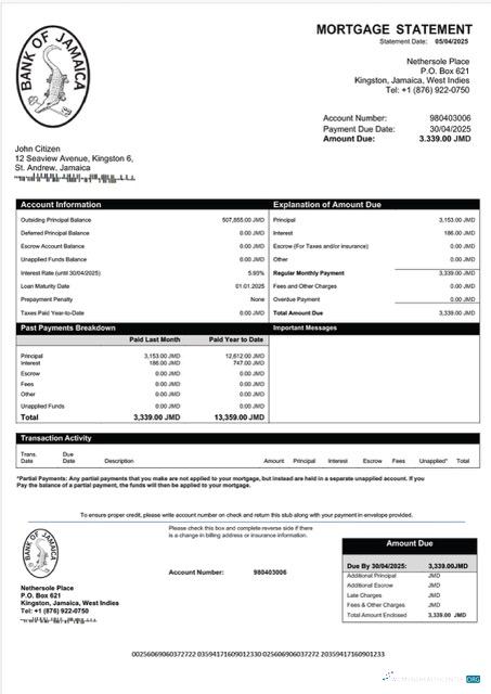 Download Jamaica Bank of Jamaica mortgage statement Word and PDF template Photoshop template